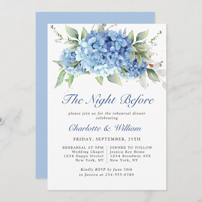 Elegant Watercolor Blue Hydrangea Rehearsal Dinner Invitation (Front/Back)