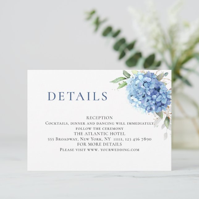 Elegant Watercolor Blue Hydrangea Wedding Details Enclosure Card (Standing Front)