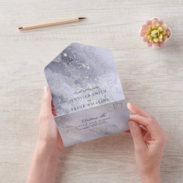 Elegant Watercolor Blue Silver Glitter All In One Invitation (Video)