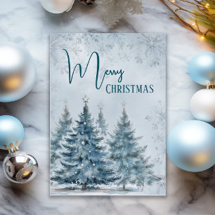 Elegant Watercolor Blue Tree Snowflake Christmas Holiday Card