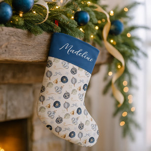 Elegant Watercolor Blue White Bauble Large Christmas Stocking