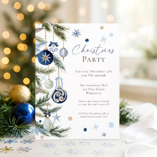 Elegant Watercolor Blue White Christmas Ornament Invitation