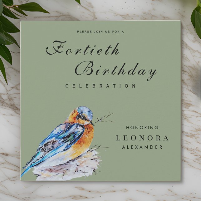 Elegant Watercolor Bluebird Milestone Birthday Invitation (Creator Uploaded)