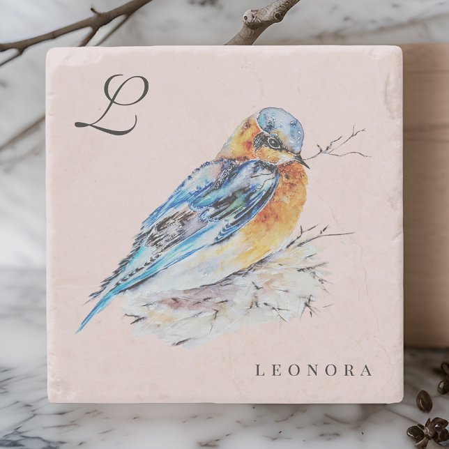 Elegant Watercolor Bluebird Personalise Stone Coaster (Creator Uploaded)