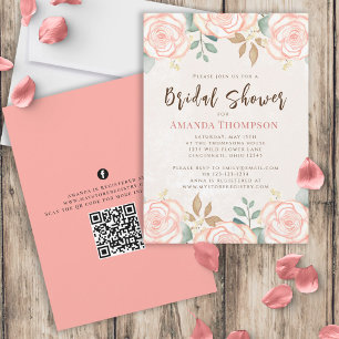 Elegant Watercolor Blush Floral Foliage QR Code Invitation