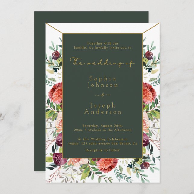 Elegant Watercolor Blush Floral Greenery wedding Invitation (Front/Back)