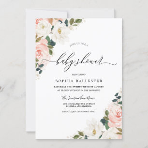 Elegant Watercolor Blush Floral Leaf Baby Shower Invitation