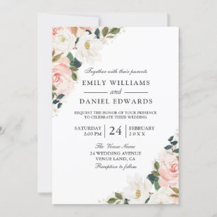 Elegant Watercolor Blush Floral Leaf Wedding Invitation