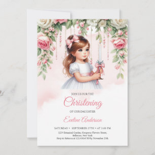 Elegant watercolor blush floral wreath cute girl invitation