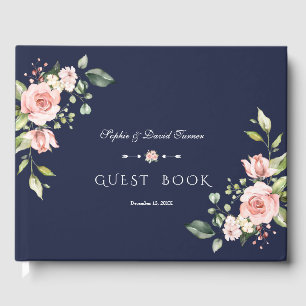 Elegant Watercolor Blush Flowers Navy Wedding Guest Book