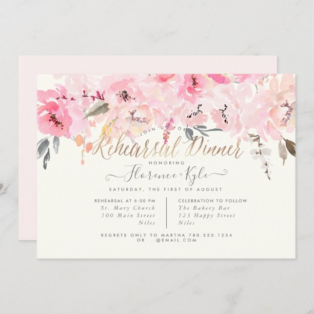 Elegant Watercolor Blush Peonies Rehearsal Dinner Invitation (Front/Back)