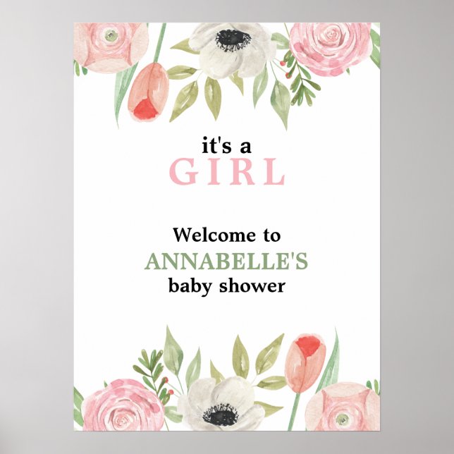 Elegant Watercolor Blush Pink Floral Baby Shower Poster (Front)