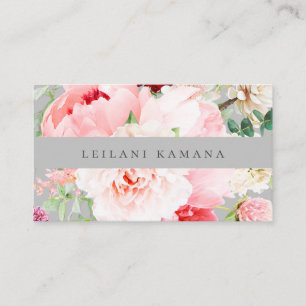 Elegant Watercolor Blush Pink Floral Silver Gray Business Card