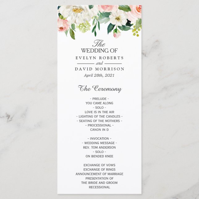 Elegant Watercolor Blush Pink Floral Wedding Program (Front)