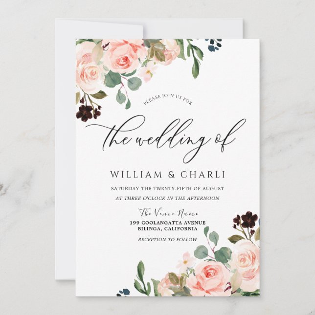 Elegant Watercolor Blush Pink Flowers Wedding Invitation (Front)
