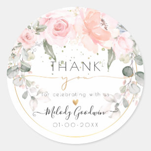 Elegant Watercolor Blush Pink Roses Thank You Classic Round Sticker