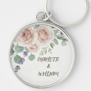 Elegant Watercolor Blush Roses & Lavender Key Ring