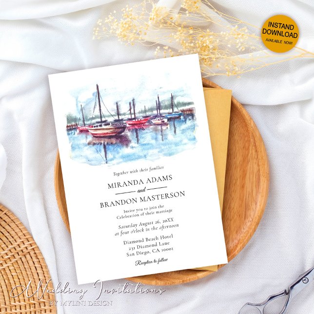 Elegant Watercolor Boat Wedding Invitation (Creator Uploaded)