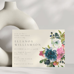 Elegant Watercolor Boho Blue Floral Baby Sprinkle Invitation
