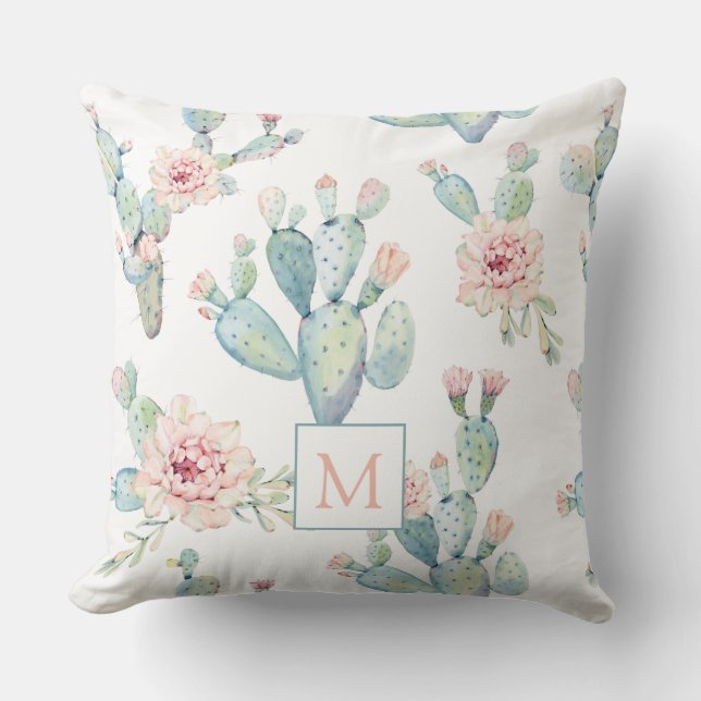 Elegant Watercolor Boho Cactus Pattern Monogram Cushion (Front)