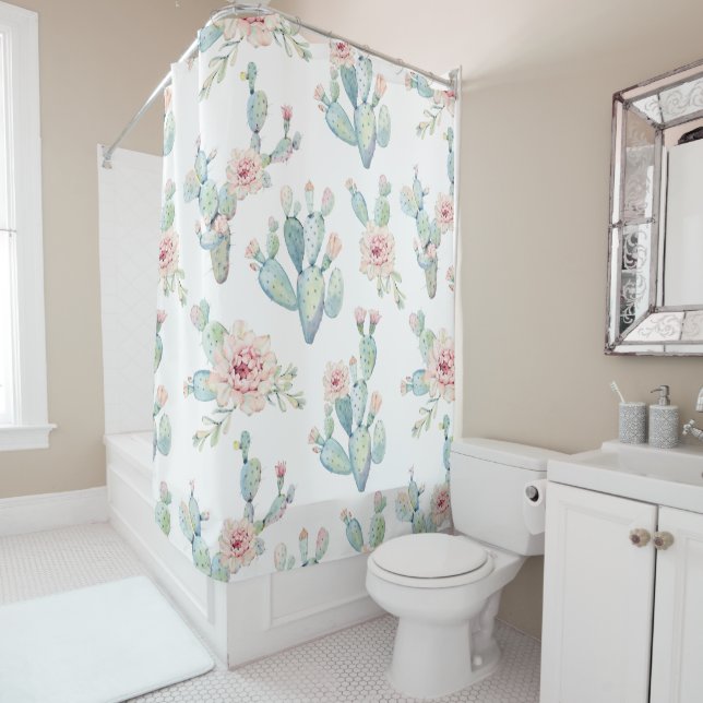 Elegant Watercolor Boho Cactus Pattern Shower Curtain (In Situ)