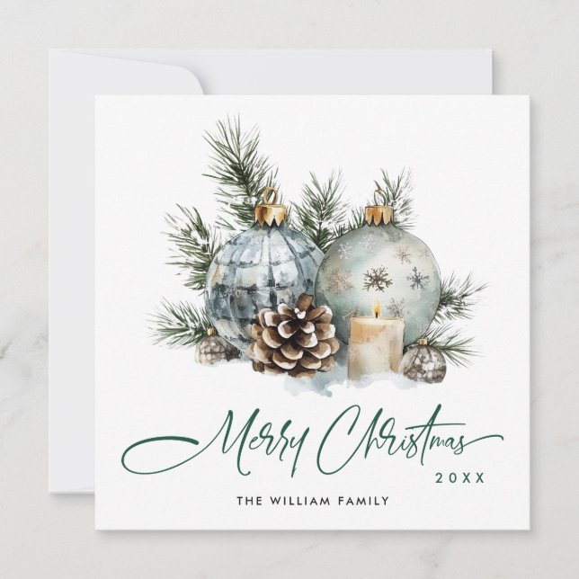 Elegant Watercolor Boho Christmas Ornament Holiday Card (Front)