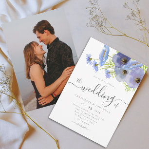 Elegant Watercolor Boho Floral Blue Photo Wedding Invitation