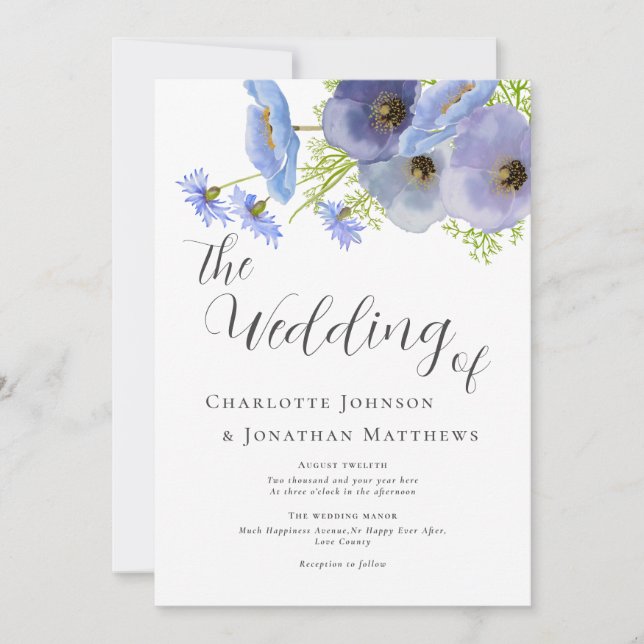Elegant Watercolor Boho Floral Blue Wedding Invitation (Front)
