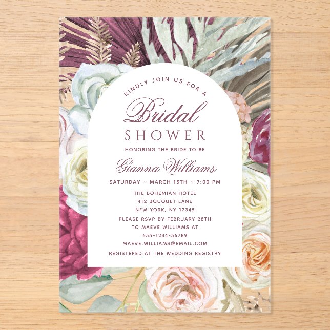 Elegant Watercolor Boho Floral Bridal Shower Acrylic Invitations (Front)