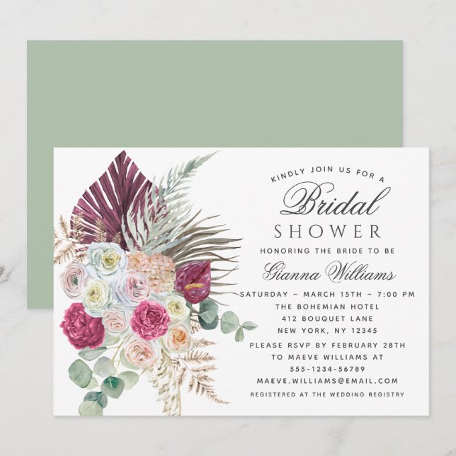 Elegant Watercolor Boho Floral Bridal Shower Invitation (Front/Back)