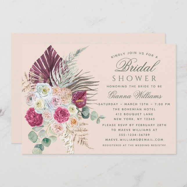 Elegant Watercolor Boho Floral Bridal Shower Invitation (Front/Back)