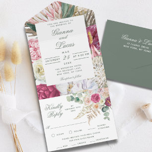 Elegant Watercolor Boho Floral Country Wedding All In One Invitation