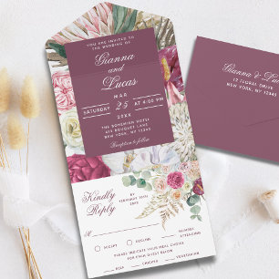 Elegant Watercolor Boho Floral Country Wedding All In One Invitation