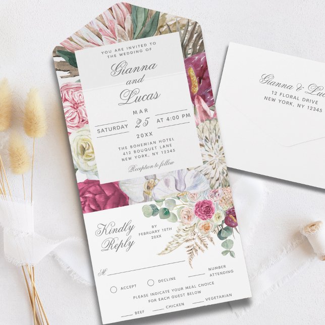 Elegant Watercolor Boho Floral Country Wedding All In One Invitation (Creator Uploaded)