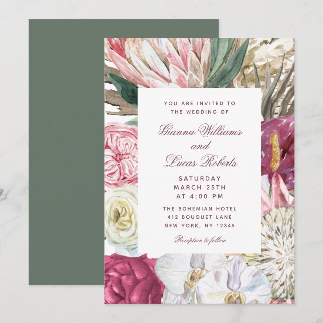 Elegant Watercolor Boho Floral Country Wedding Invitation (Front/Back)