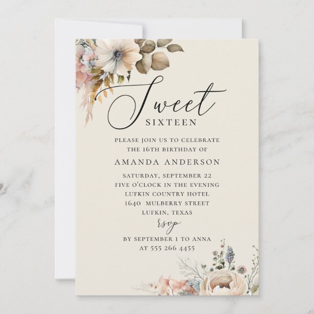 Elegant watercolor boho floral sweet 16 birthday invitation (Front)
