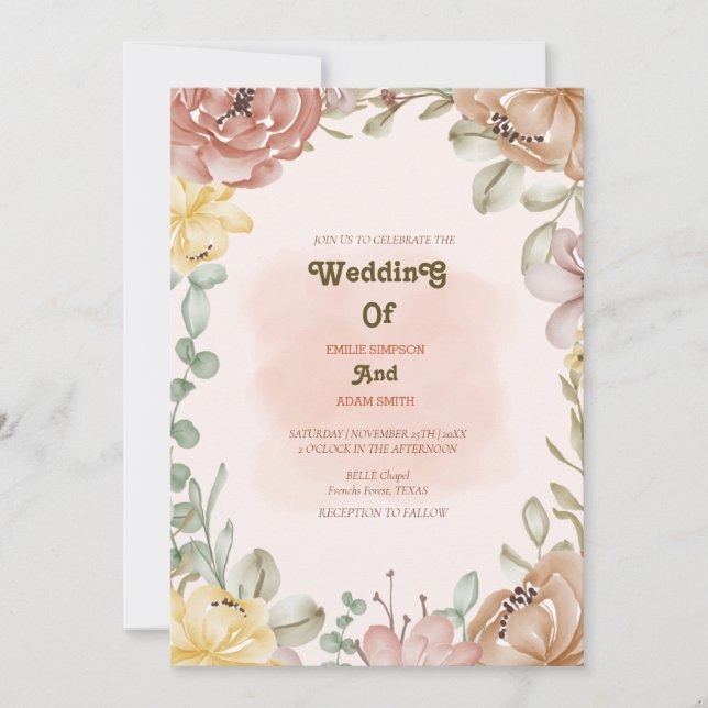  elegant watercolor BOHO FLORAL WEDDING Invitation (Front)