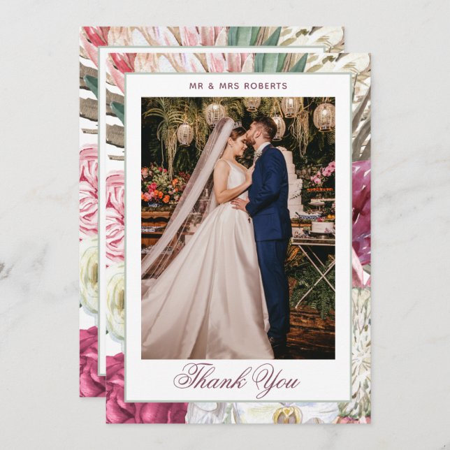 Elegant Watercolor Boho Floral Wedding Thank You Card (Front/Back)