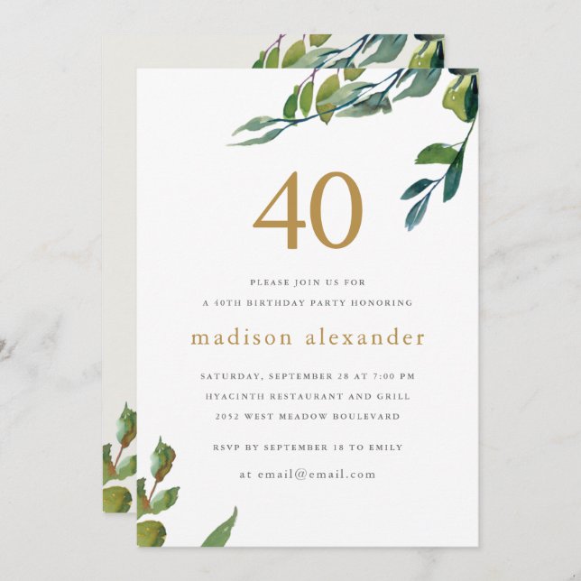 Elegant Watercolor Botanical 40th Birthday Invitation (Front/Back)