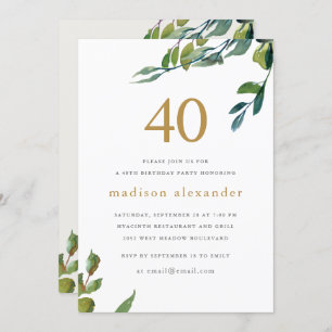 Elegant Watercolor Botanical 40th Birthday Invitation