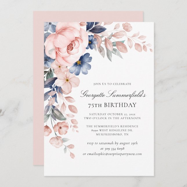 Elegant Watercolor Botanical 75th Birthday Invitation (Front/Back)