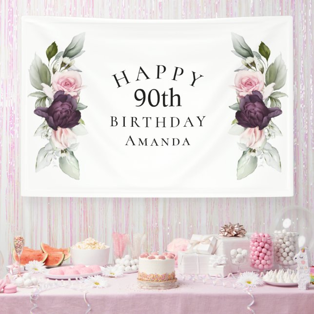 Elegant Watercolor Botanical 90th Birthday Banner (Party)