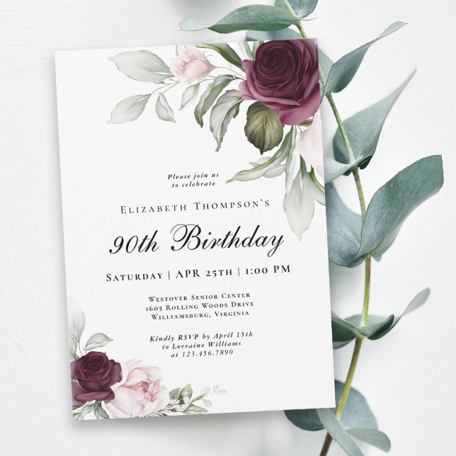 Elegant Watercolor Botanical 90th Birthday Invitation (Celebrate 90 in beautiful style with this lovely watercolor floral invitation.)