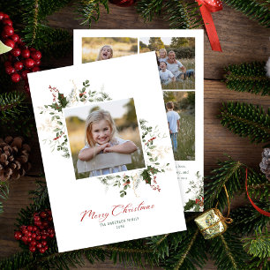Elegant Watercolor Botanical Christmas Five Photo Holiday Card