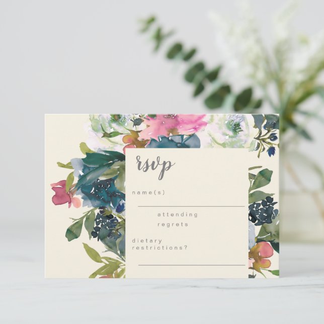 Elegant Watercolor Botanical Floral Bloom Wedding  RSVP Card (Standing Front)