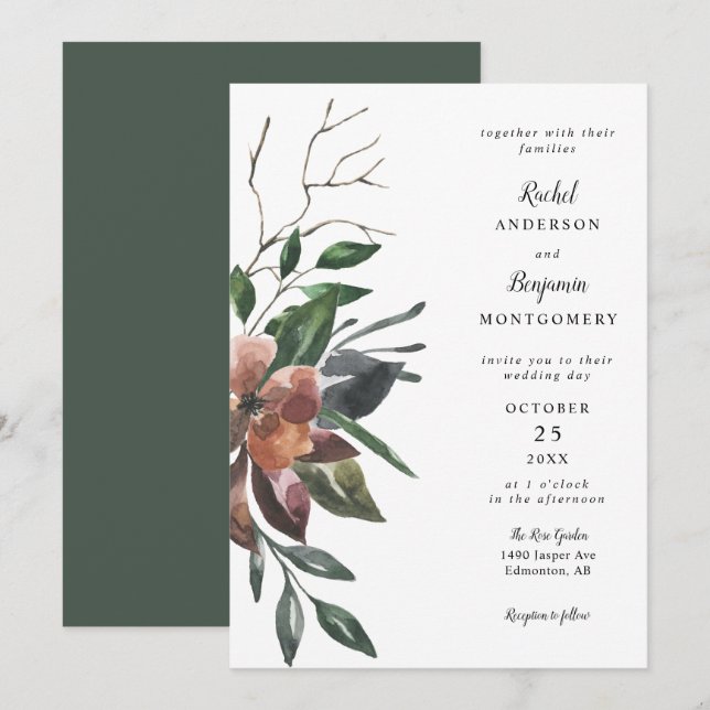elegant watercolor botanical flowers chic wedding invitation (Front/Back)