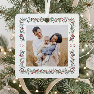Elegant Watercolor Botanical Frame Christmas Photo Metal Tree Decoration