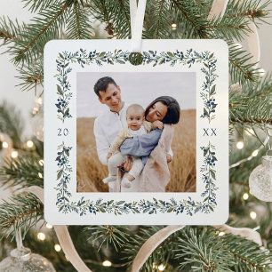 Elegant Watercolor Botanical Frame Christmas Photo Metal Tree Decoration