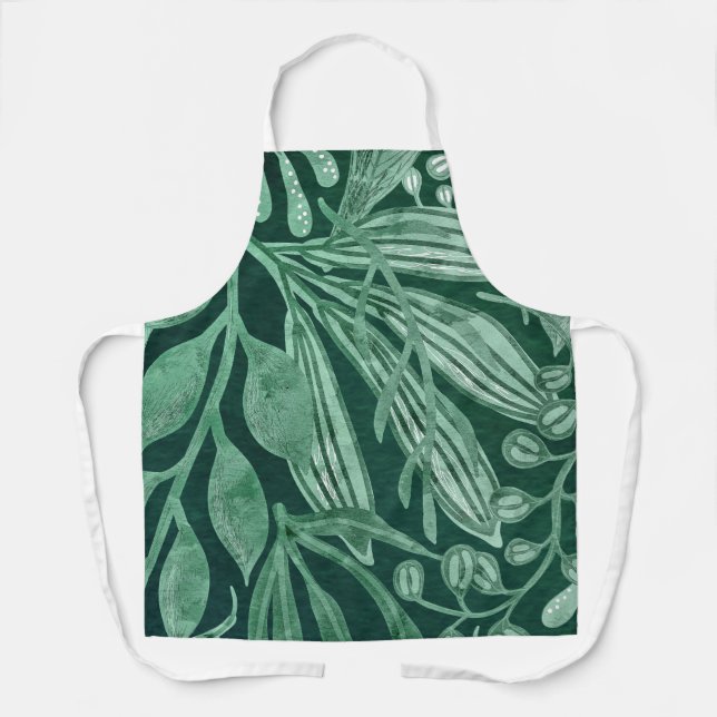 Elegant Watercolor Botanical Green Leaves Artwork Apron (Front)