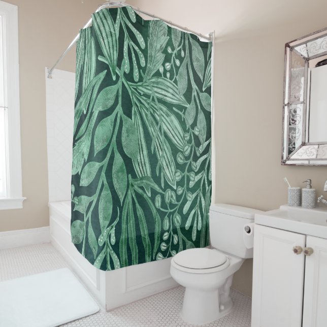 Elegant Watercolor Botanical Green Leaves Artwork Shower Curtain (In Situ)